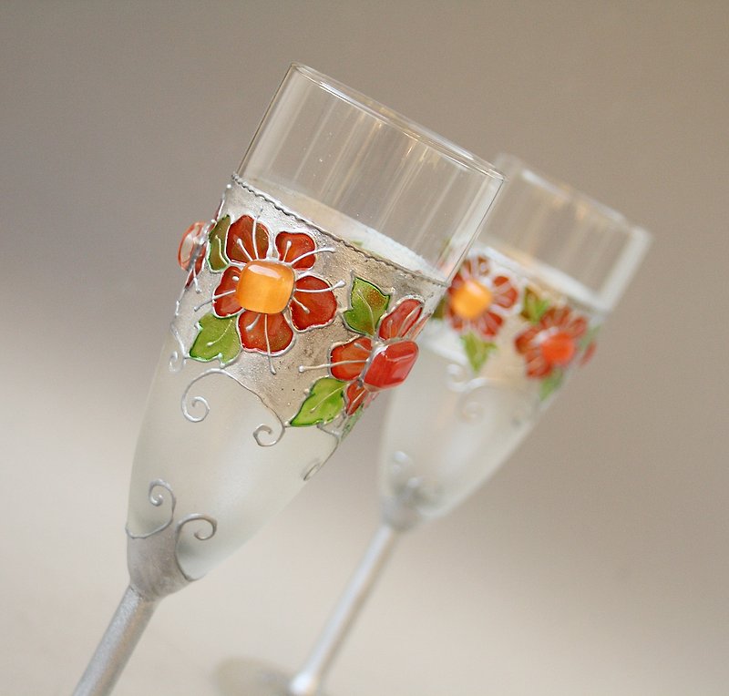 Wedding Glasses,  Retro Wedding, Coral  Red Orange Wine Glasses - 酒杯/酒器 - 玻璃 红色