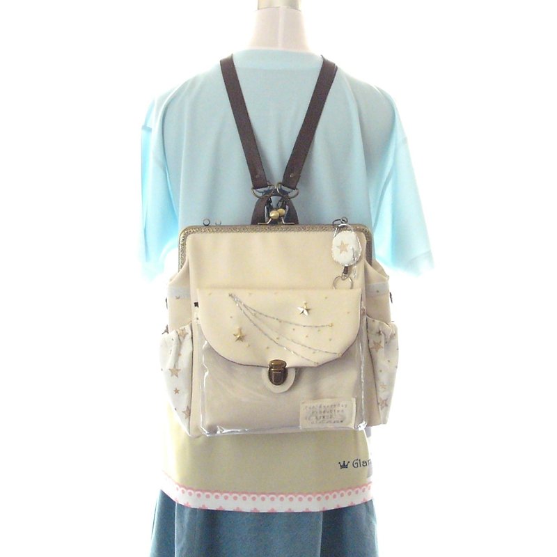 【Clear pocket 】 3 WAY Right zipper compact backpack set Milky Way ivory - 后背包/双肩包 - 真皮 白色