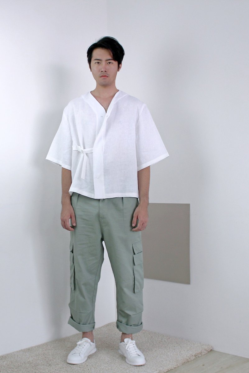 Shōto 棒球服领亚麻上衣－纯白色 - 男装上衣/T 恤 - 棉．麻 白色