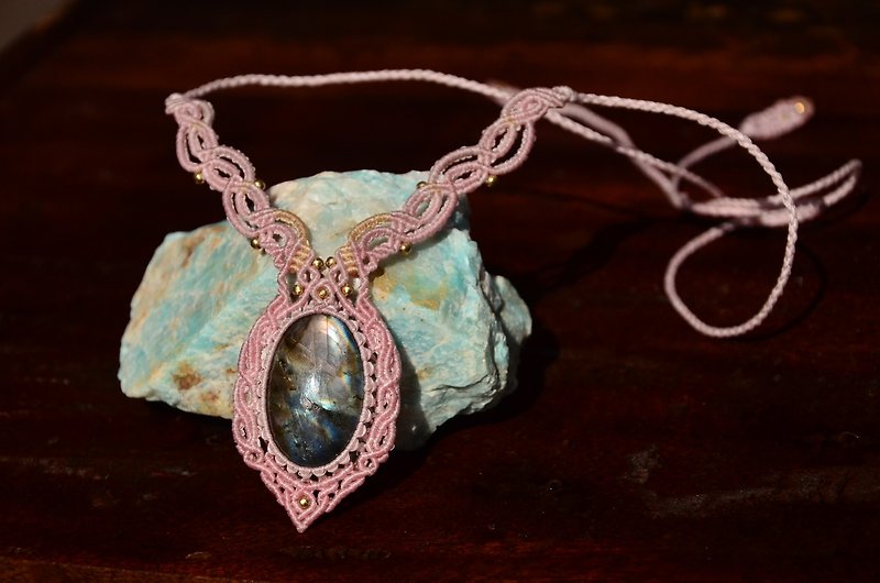 天然水晶-拉长石-手制花边编织项链 - 项链 - 宝石 粉红色