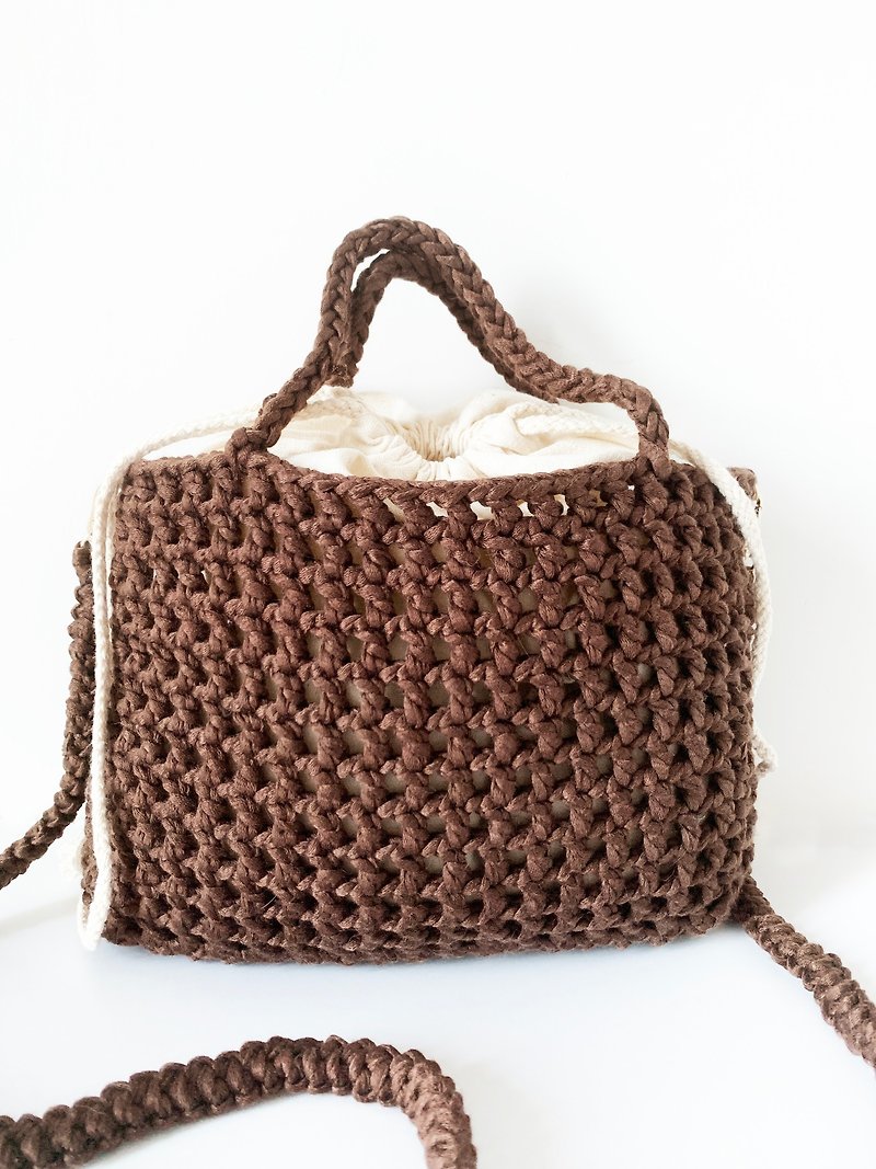 鈎织方格网斜孭及挽袋 - 侧背包/斜挎包 - 其他材质 咖啡色