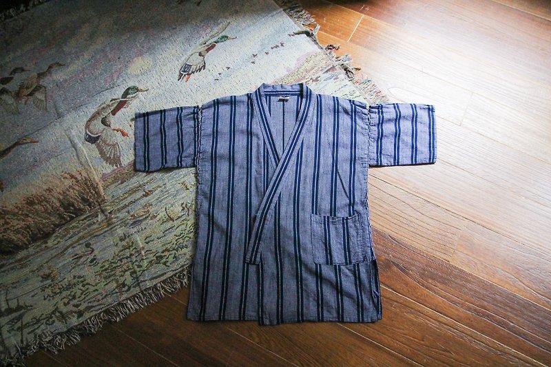 袅袅百货公司-Vintage 日本蓝色条纹甚平 罩衫 复古着 - 女装休闲/机能外套 - 棉．麻 