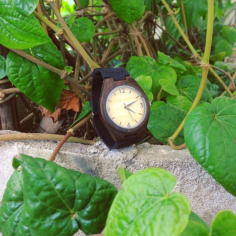 wooden watch ebony color dark brown - 女表 - 真皮 