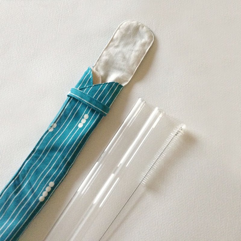 （改版中）duo 有机棉双人玻璃吸管组：收纳袋x1 + 玻璃粗吸管x1+玻璃细吸管x1+ 尼龙刷毛吸管刷x1（串珠珠-深蓝绿）/可完全展开清洗 - 环保吸管 - 棉．麻 蓝色