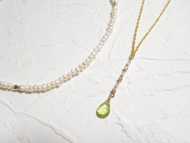 珍珠chocker与Y字锆石绿宝石链 - 项链 - 其他材质 卡其色