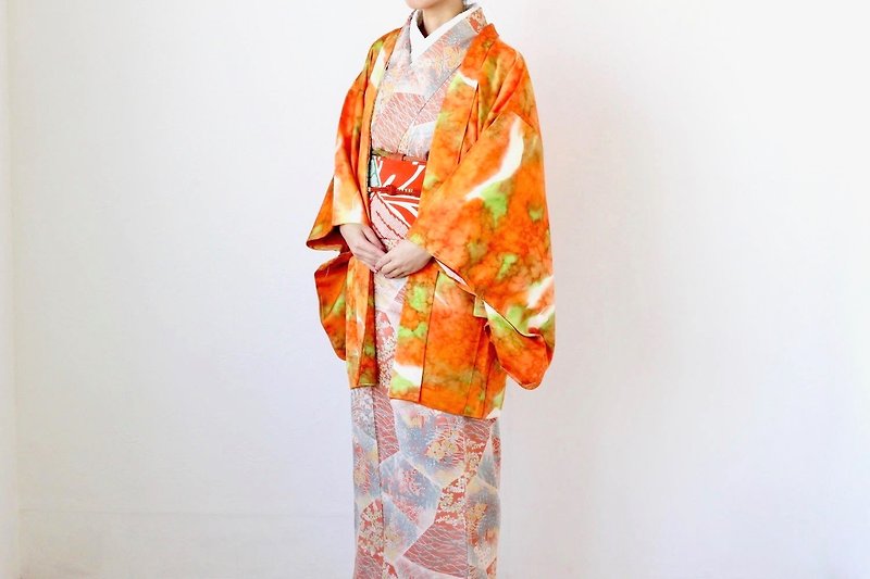 orange kimono, haori, cheerful kimono, Japanese kimono,haori kimono /2615 - 女装休闲/机能外套 - 丝．绢 橘色