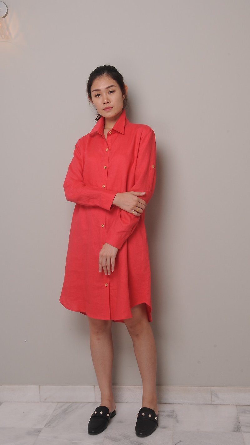 Linen Dress / Belted Waist Shirt Dress / Knee Length / Long Sleeve Shirt EP-D653 - 洋装/连衣裙 - 亚麻 