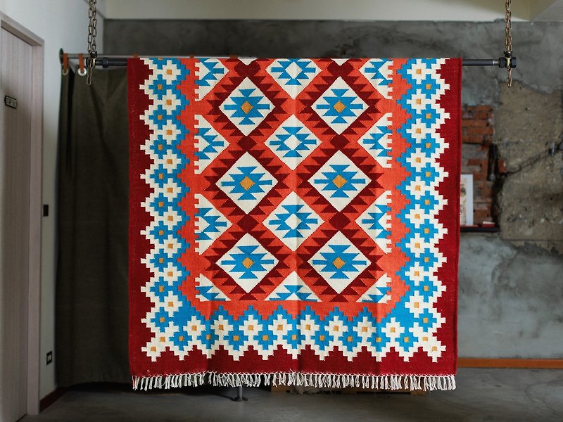 印度手工饰毯 - 羊毛民族图腾 - 地垫/地毯 - 羊毛 红色
