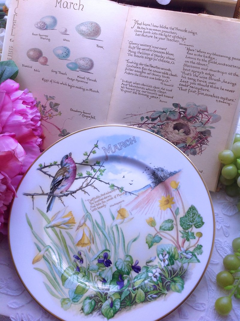 英国制 CAVERSWALL 乡村手绘月份盘 画师签名三月份蛋糕盘收藏盘 - 厨房用具 - 瓷 