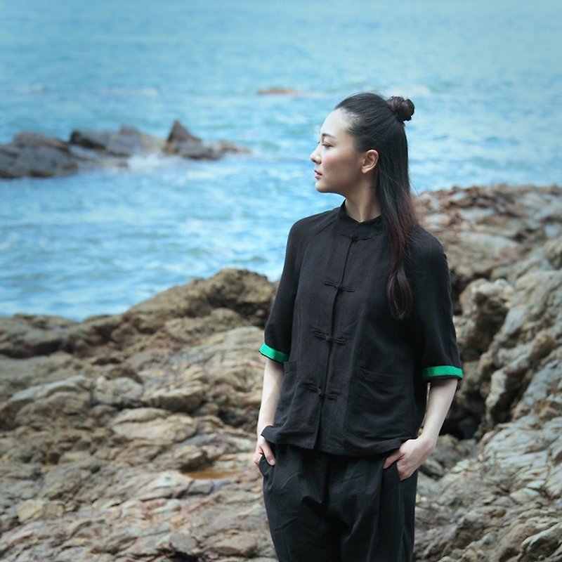 黑色棉麻中式对襟七分袖衬衫 手工盘扣 刺绣/青松 SH160512K - 女装上衣 - 棉．麻 黑色
