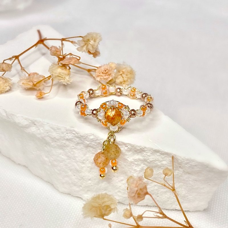 THE FLORAL- 橙色小花 | 手工编织水晶戒指 | 金太阳 | 14K - 戒指 - 水晶 橘色