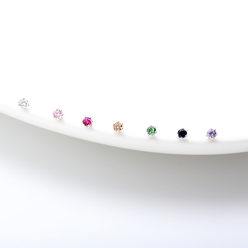 迷你 皇冠 3mm 瑞士 彩钻 单钻锆石 一对 s925 纯银 耳环 耳夹 - 耳环/耳夹 - 钻石 多色
