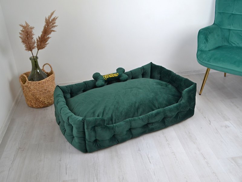 狗床，天鹅绒狗床，翠绿狗床，手工狗床 - 床垫/笼子 - 其他人造纤维 绿色