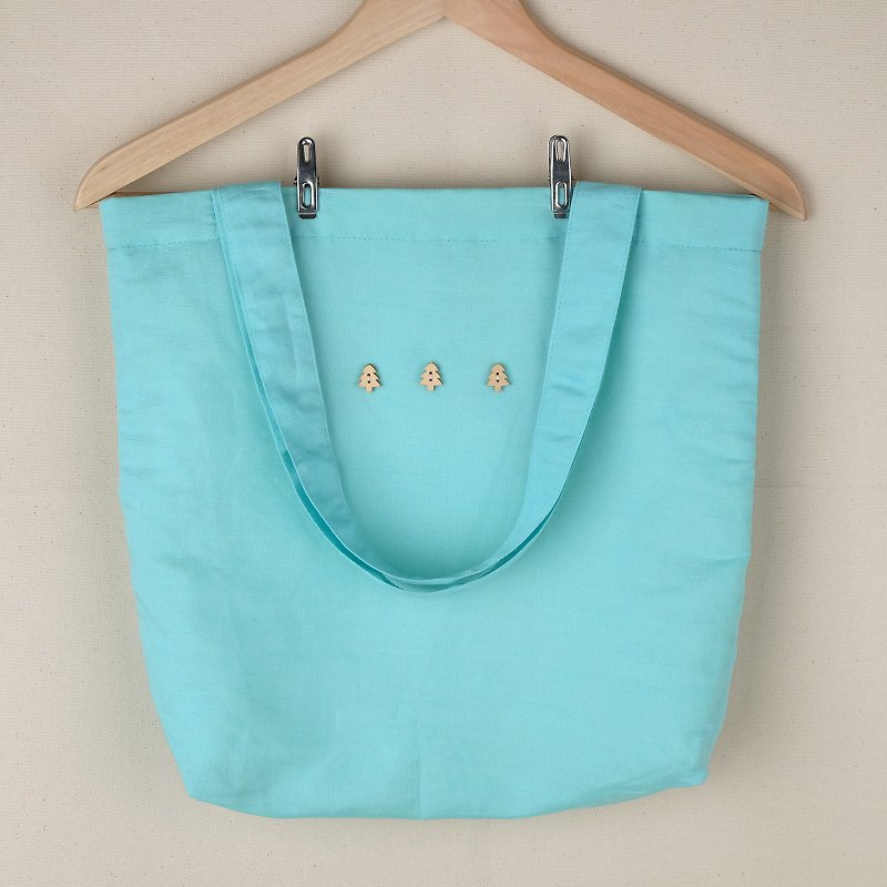 Mint with Christmas Tree Linen Tote Bag - 侧背包/斜挎包 - 棉．麻 蓝色