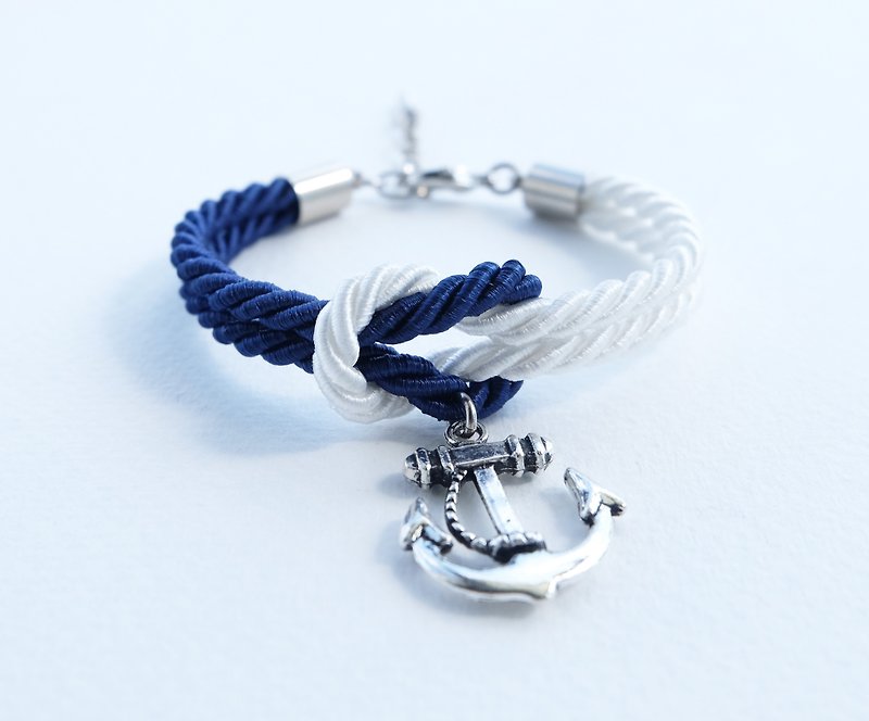 Navy/White knot rope bracelet with anchor charm - 手链/手环 - 其他材质 蓝色