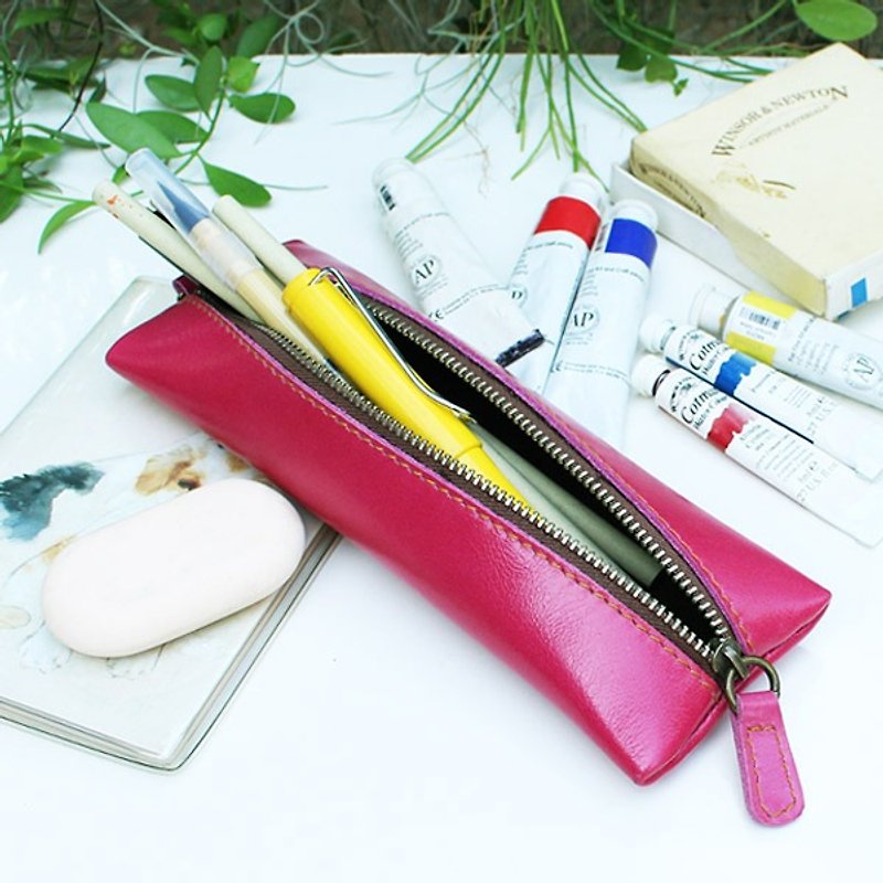 Leather Pencil case - Flat - Hot Pink (Genuine Cow Leather) / Pen case / Accessories Case - 铅笔盒/笔袋 - 真皮 