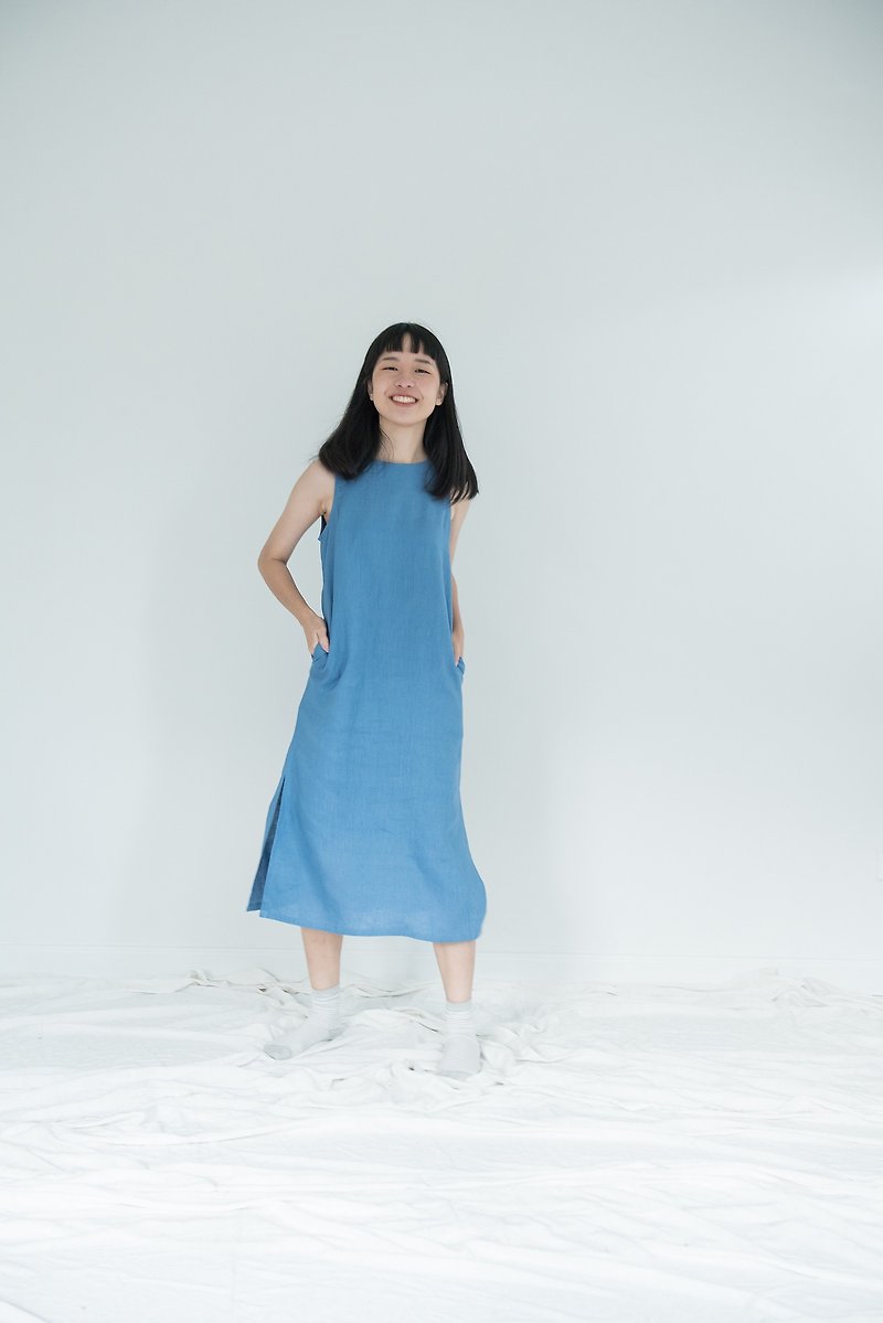 True Blue Big Bow Linen Dress - 洋装/连衣裙 - 亚麻 蓝色