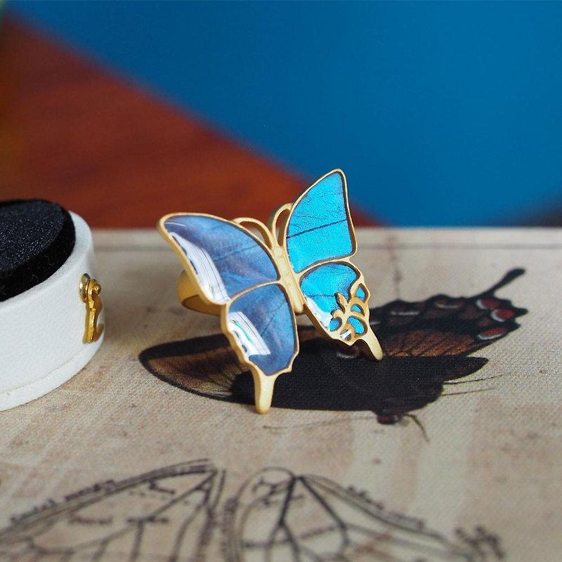 モルフォ蝶の大きなアンティークリング - 戒指 - 其他金属 蓝色