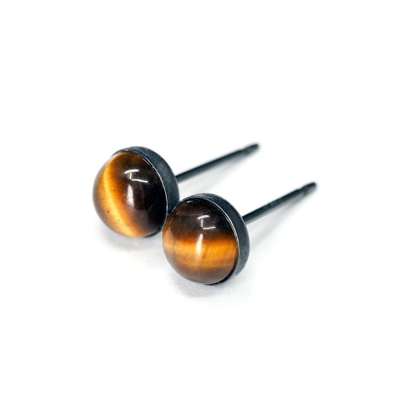 Brown Tiger Eye Black Earrings, Oxidized Sterling Silver, 6mm Round, Gemstone - 耳环/耳夹 - 其他金属 橘色
