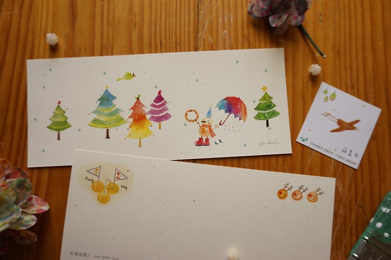:: 薛袅儿:: 彩树与雪人 圣诞 耶诞 长型明信片/卡片 - 卡片/明信片 - 纸 
