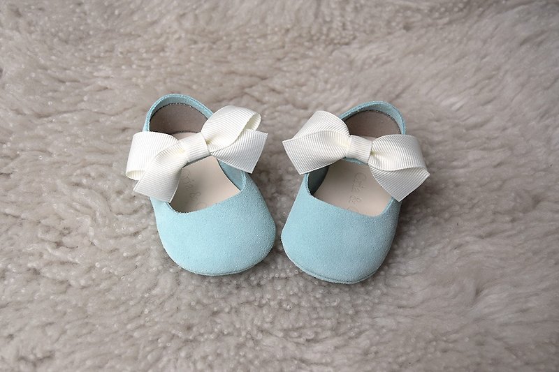 浅蓝色婴儿鞋 女宝宝鞋 百日宴 满月礼盒 弥月礼物 女童学步鞋 - 婴儿鞋 - 真皮 蓝色
