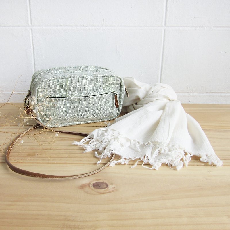 Goody Bag / Green Cross-body Little Tan Width Bags with Thai Saloo Cotton Scarf in Natural Color - 丝巾 - 棉．麻 白色