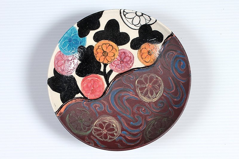 菊紋様の色絵皿 - 花瓶/陶器 - 其他材质 咖啡色