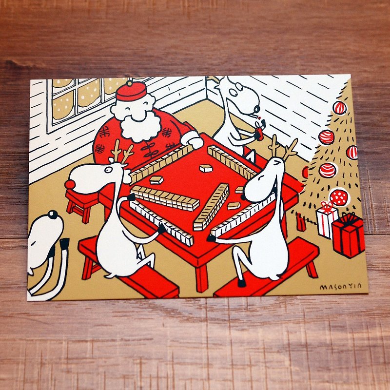 圣诞卡-米猪2017金色圣诞明信片16号: 守岁麻将 Mahjong Time - 卡片/明信片 - 纸 金色