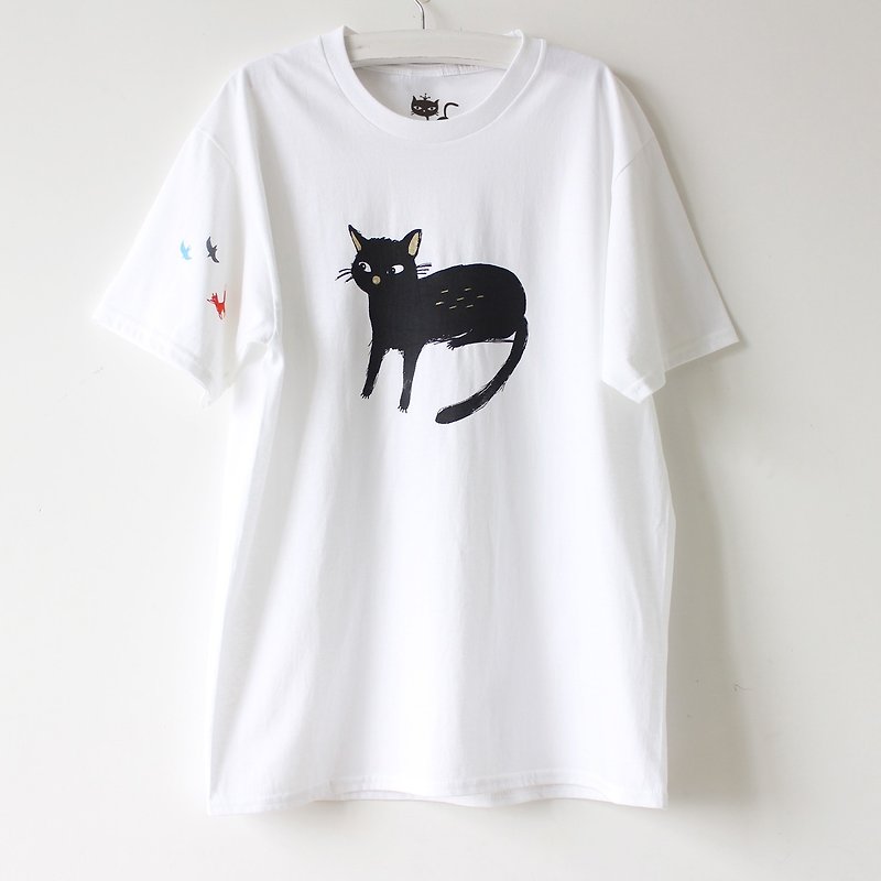 黑猫与小狐狸T裇 I 喜欢黑猫 I 手工绢印T shirt - 女装 T 恤 - 棉．麻 白色