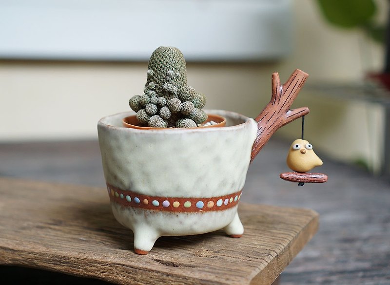 Branch plant pot for cactus ,little bird , handmade ceramic , pottery - 植栽/盆栽 - 陶 黄色