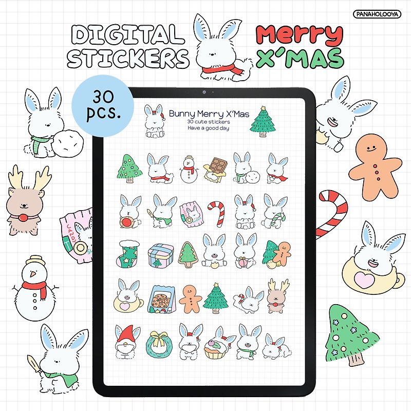 Bunny Merry Xmas digital stickers goodnotes stickers - 电脑手机桌布/贴图/App 图示 - 其他材质 