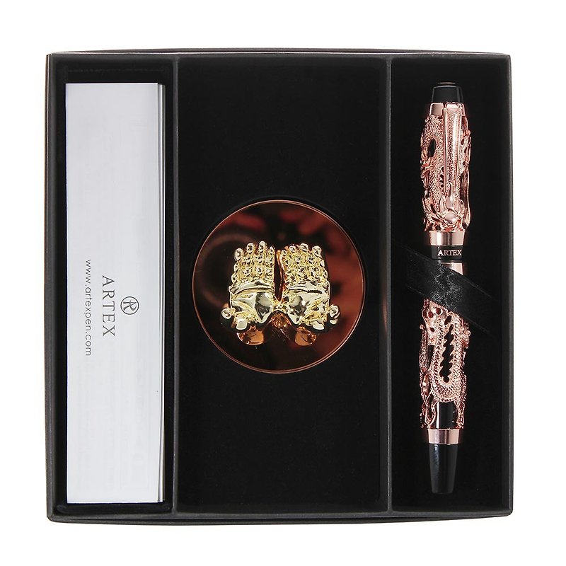 ARTEX 封印玫瑰金龙钢珠笔+金双手造型笔座礼盒 - 钢珠笔 - 铜/黄铜 金色