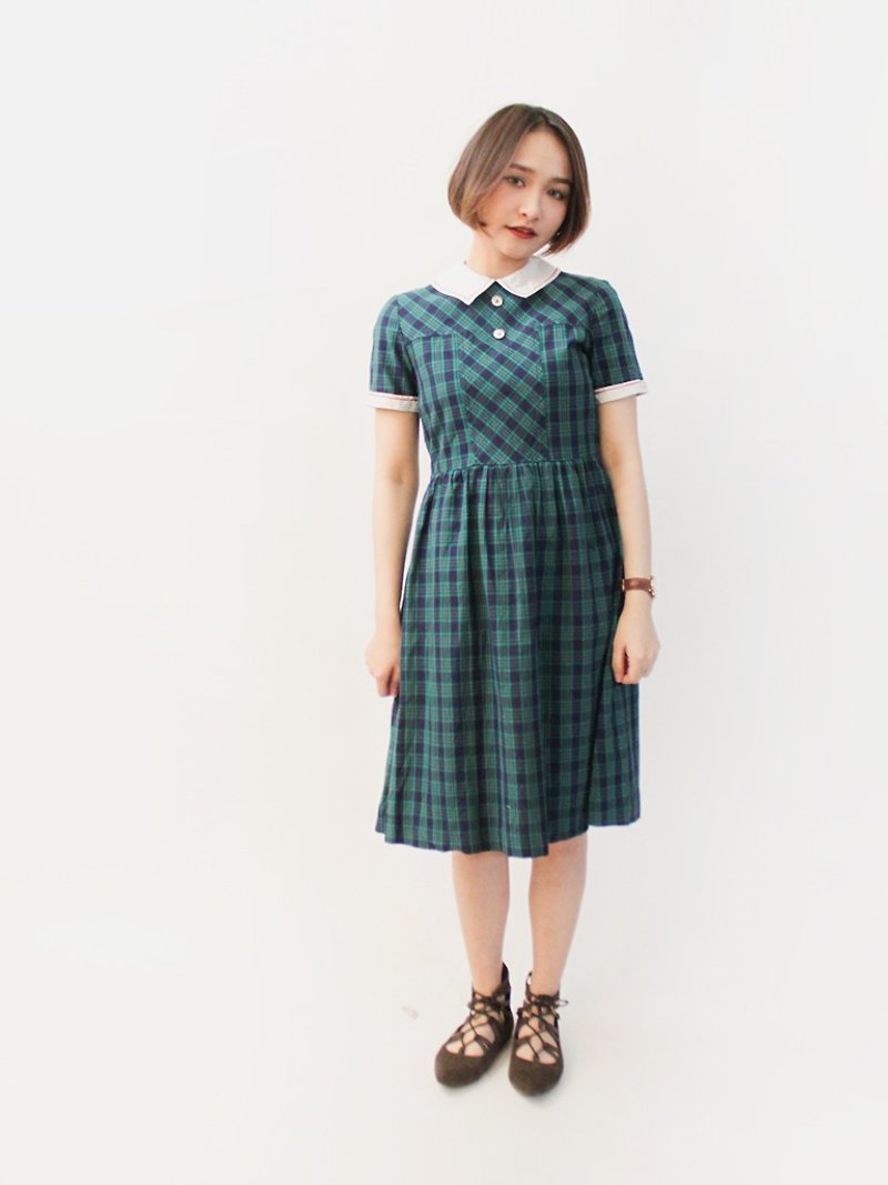 复古夏日本制学院风蓝绿格纹棉质短袖古着洋装 - 洋装/连衣裙 - 棉．麻 绿色