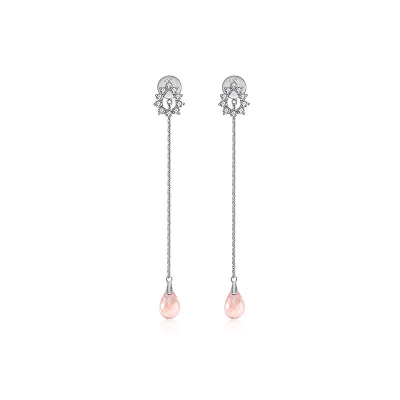 18k粉红石英垂吊水滴形钻石耳环 - 耳环/耳夹 - 宝石 灰色