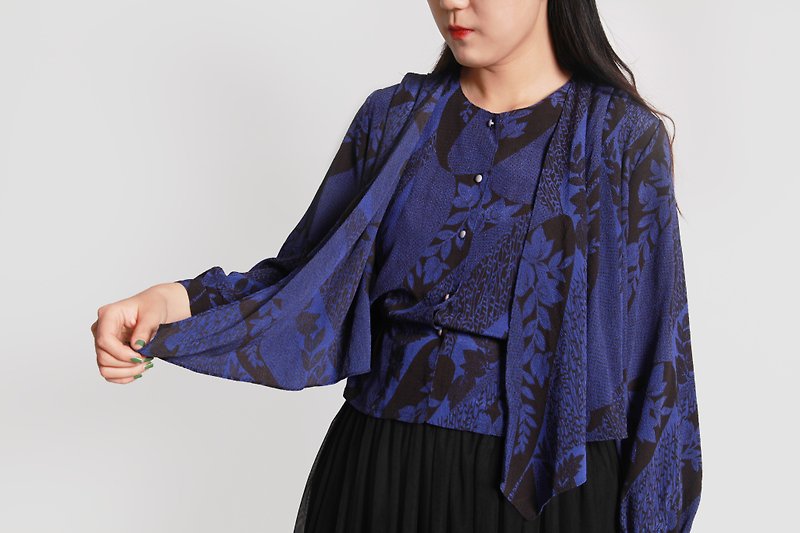【疏影】日本製 深蓝暗花两穿古着vintage女衬衫 - 女装衬衫 - 聚酯纤维 蓝色