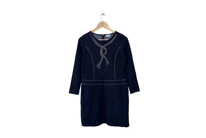 ROBERTA DI CAMERINO 品牌复古长袖连身裙，饰有“R”标志形状的人造钻石。 - 洋装/连衣裙 - 棉．麻 蓝色