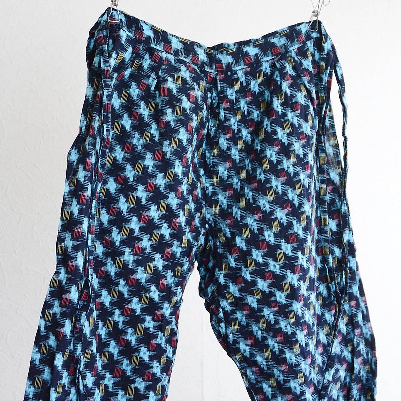 和服裤靛蓝染色 Kasuri 棉日本复古昭和翻拍材料旧布 - 女装长裤 - 棉．麻 蓝色