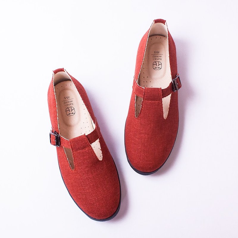 新年双鞋送拖鞋 | 经典日.赤红冬日花布鞋.玛丽珍.棉麻.真皮鞋垫 - 女款休闲鞋 - 棉．麻 红色
