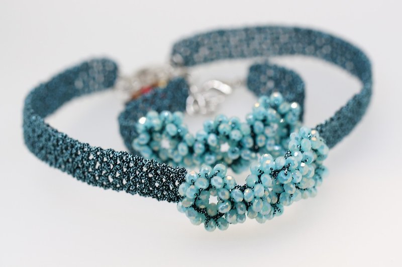 手鈎金属线短颈錬+手链套装  ( Hand crocheted set of crystal beads choker + beads bracelet ) - 项链 - 宝石 绿色
