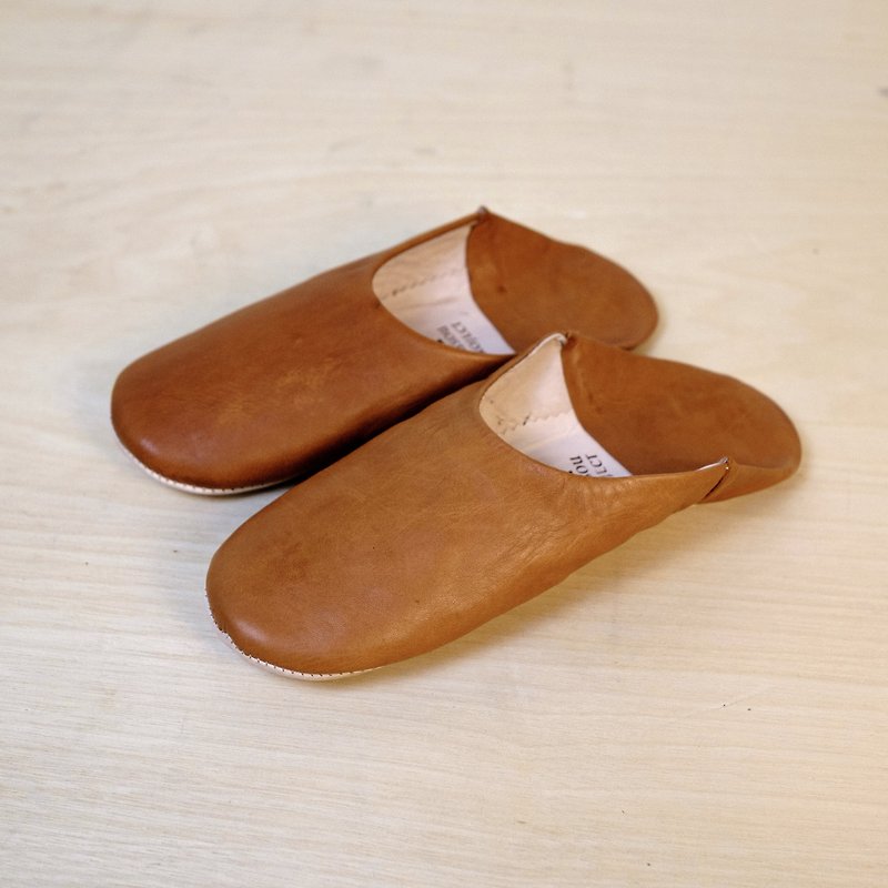 【Babouche 手工鞋】艳阳棕 - 圆 / 摩洛哥 - 室内拖鞋 - 真皮 咖啡色