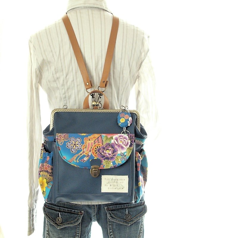 3 WAY back pocket & right zipper attaching backpack full set Japanese pattern Na - 后背包/双肩包 - 真皮 蓝色