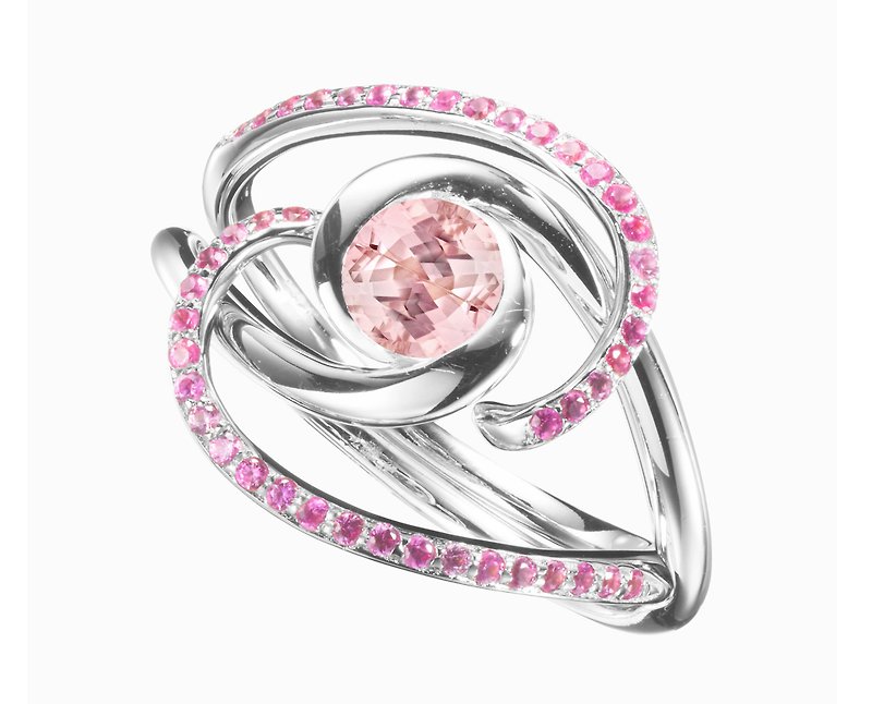 摩根石粉红刚玉二合一戒指套装 极简14k金戒指 结婚求婚戒指组合 - 戒指 - 贵金属 粉红色