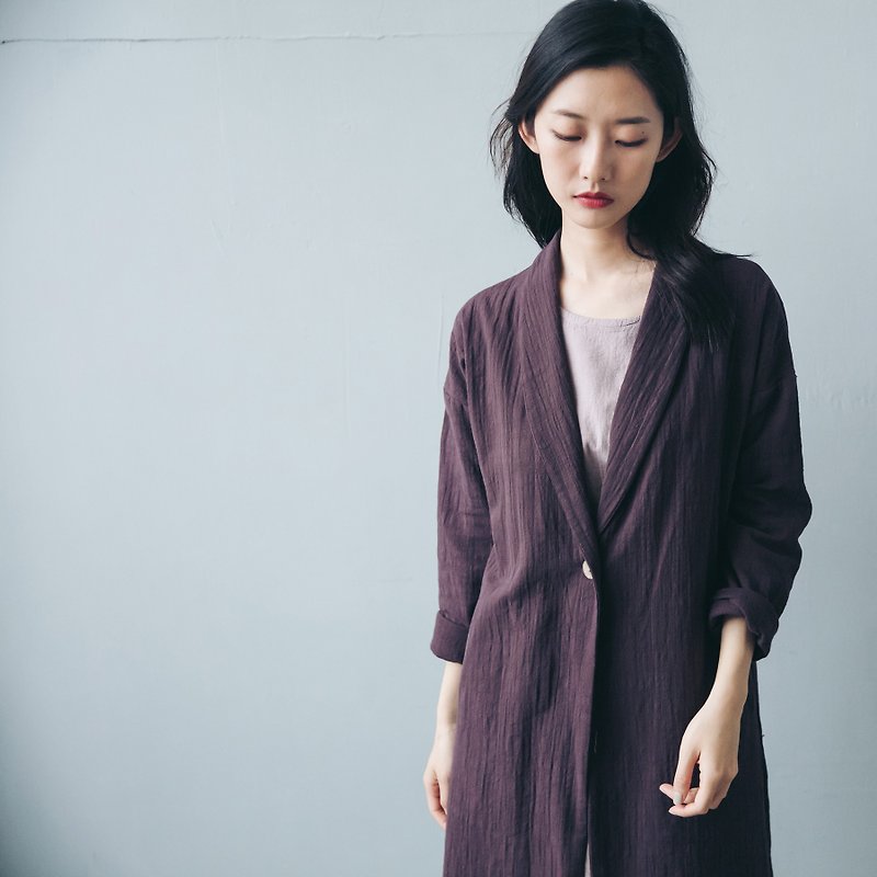 单扣长版大衣 - 紫 - 女装休闲/机能外套 - 棉．麻 紫色