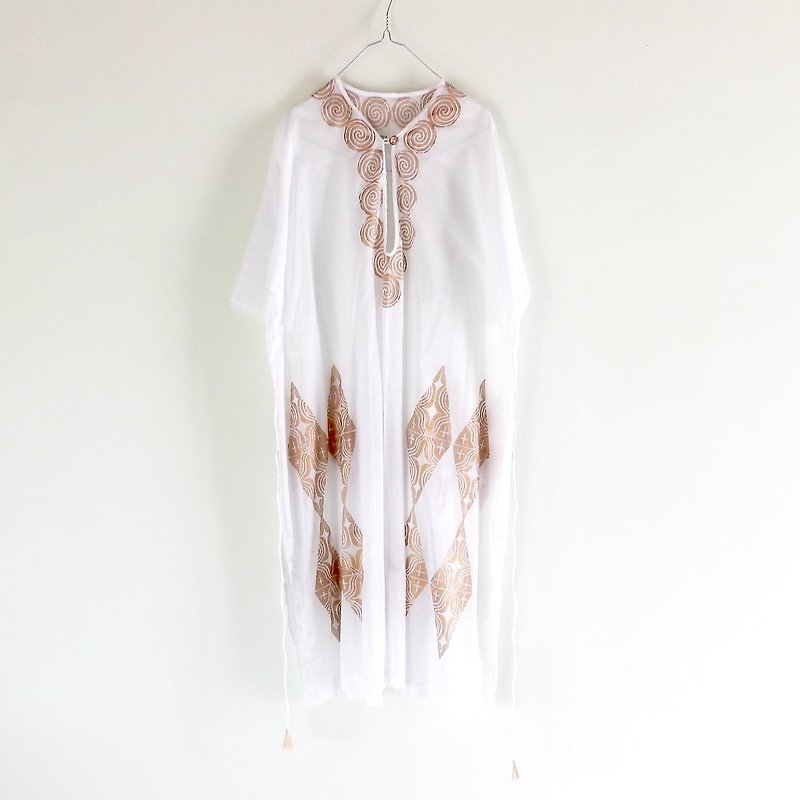 木版プリントのコットンロングシャツワンピース - 洋装/连衣裙 - 棉．麻 白色