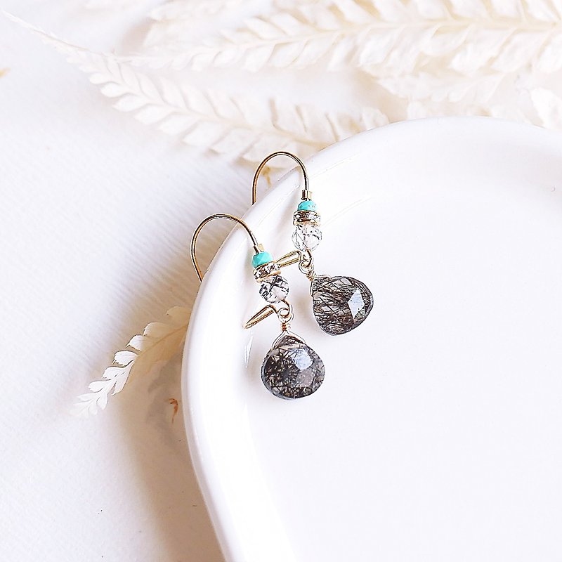 天然黑发晶 松石 法式耳环 14K GF 锆石钻 礼物 轻珠宝 - 耳环/耳夹 - 宝石 黑色