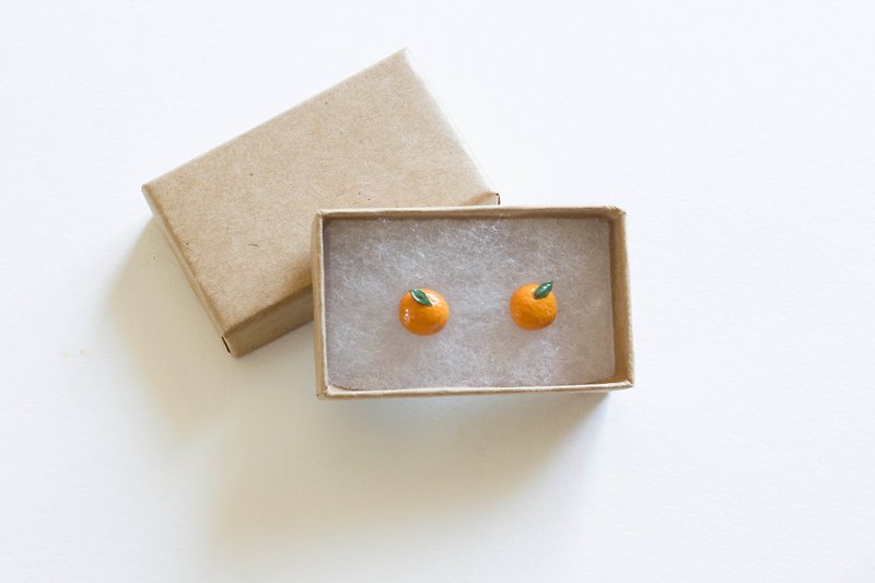 手作 软陶 橙子耳钉 纯银 - 耳环/耳夹 - 塑料 橘色
