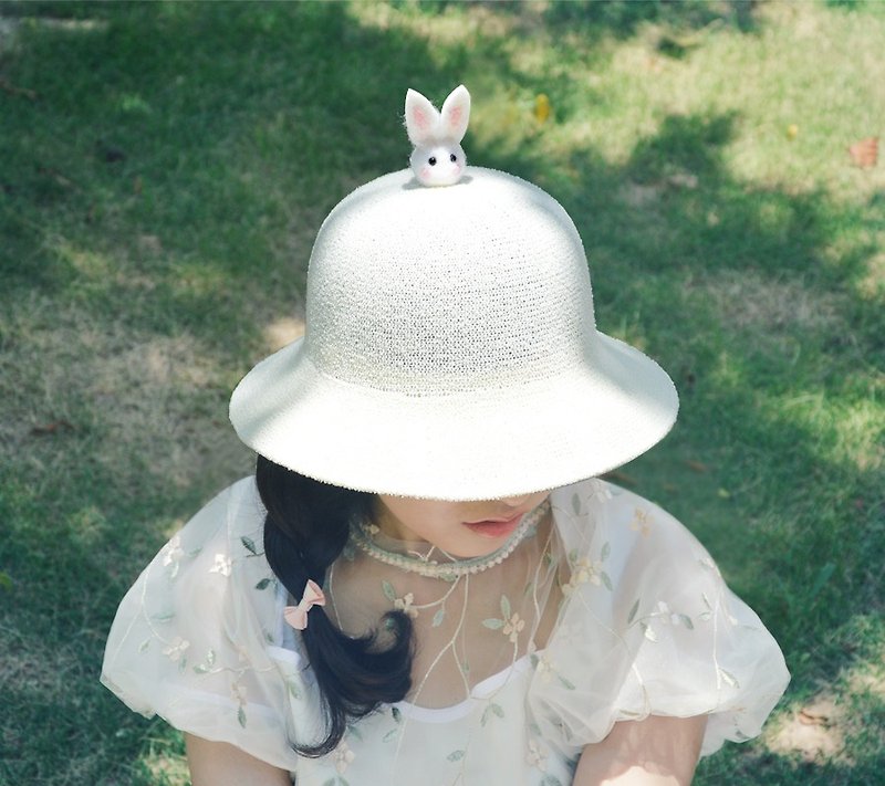 可爱羊毛毡小兔子 棉线盆帽渔夫帽 清新浪漫遮阳帽子 - 帽子 - 棉．麻 白色