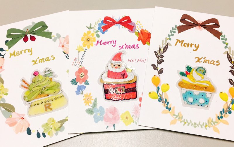 【圣诞风】手绘圣诞蛋糕祝福小卡(单张不挑款） - 卡片/明信片 - 纸 多色