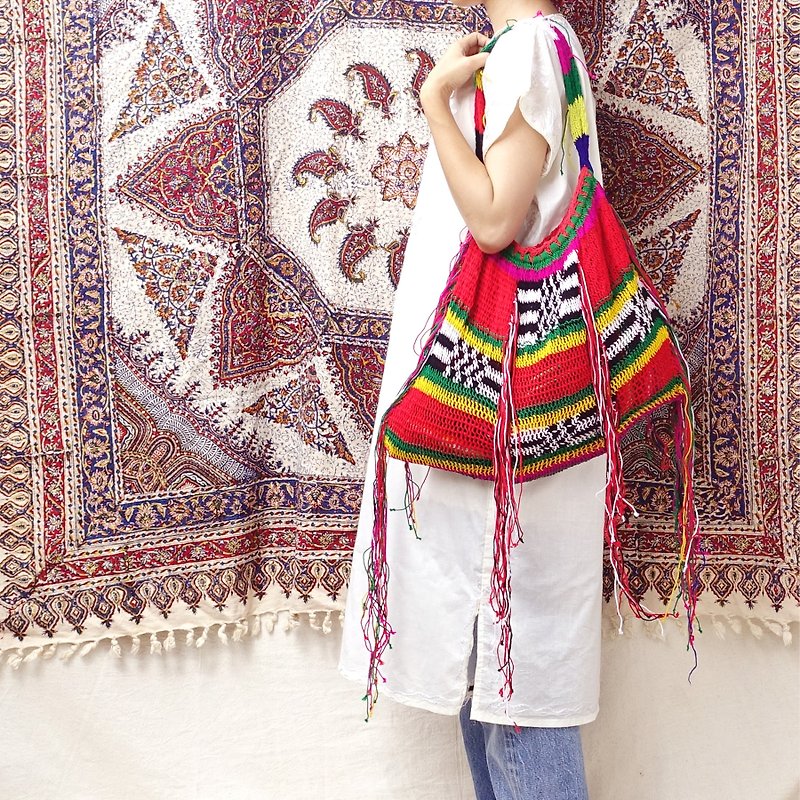 *BajuTua/老物/ 异国部落传统手工编织提袋- 缤纷彩虹 - 侧背包/斜挎包 - 棉．麻 红色