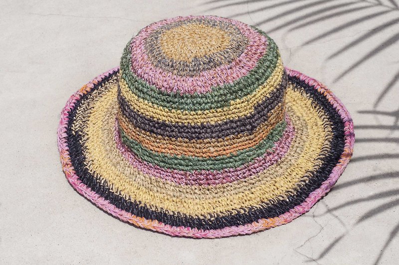 手工编织棉麻帽 编织帽 渔夫帽 遮阳帽 草帽 -热带水果茶彩虹条纹 - 帽子 - 棉．麻 多色